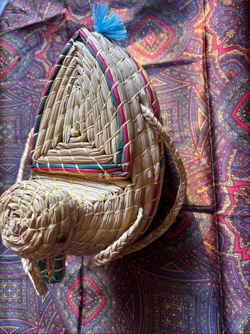 Handwoven Natural Straw Decorative Basket with Pink and Teal Accents